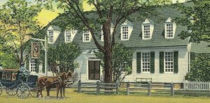 Postcard  1944 View of Raleigh Tavern & Colonial Coach, Williamsburg, VA      R2