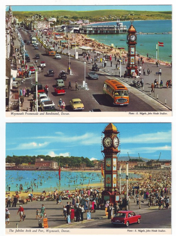 P1327 2 dif vintage postcard unused bandstand arch beach weymouth dorset england