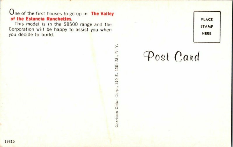 Valley Estancia Ranchettes Model Home $8500 Vintage Postcard Standard View Card 