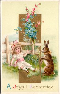 Easter Postcard Young Girl in a Garden with Bunny Rabbit