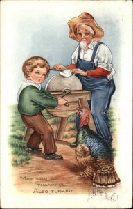 Whitney Turkey Watches Farmer and Boy Sharpen Axe Vintage Postcard