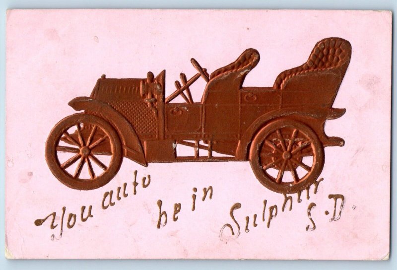 Sulphur South Dakota Postcard Classic Car Embossed Glitter c1910 Vintage Antique