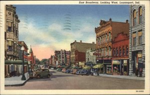 Logansport Indiana IN East Broadway Street Scene Linen Vintage Postcard