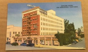 VINT. UNUSED .01 LINEN POSTCARD - ANTLERS HOTEL, SAN BERNARDINO, CALIF.