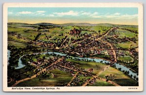 Cambridge Springs Pennsylvania~Birds Eye View~Bridge~River~1940s Linen Postcard