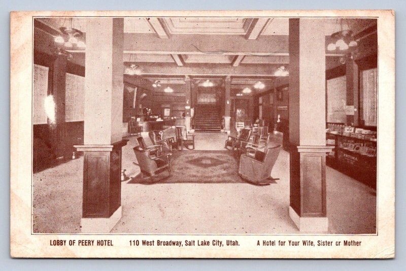 K8/ Salt Lake City Utah Postcard c1910 Interior Peery Hotel Lobby 50