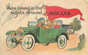 Postcard 1915 Illinois Moline auto civic Booster pennant artist  23-6523