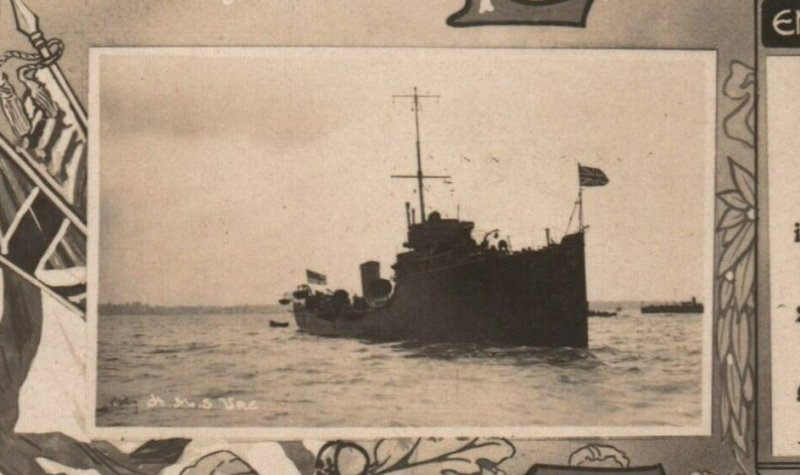 British Royal Navy HMS Ure Sinking German Submarine 1915 RPPC Postcard