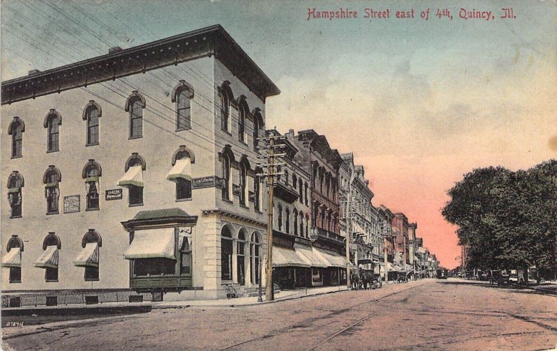 c.'11, Hampshire St East of Fourth, Street Cars,Wagons,Quincy, IL, Old Post Card