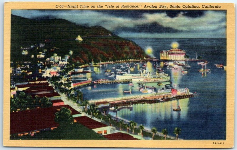 Postcard - Night Time on the Isle of Romance, Avalon Bay - Avalon, California