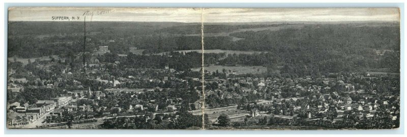 1913 Two Panel Panoramic Bird's Eye View Suffern New York NY Posted Postcard 