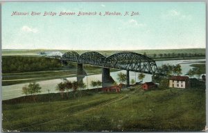 BISMARK & MANDAN ND MISSOURI RIVER BRIDGE ANTIQUE POSTCARD