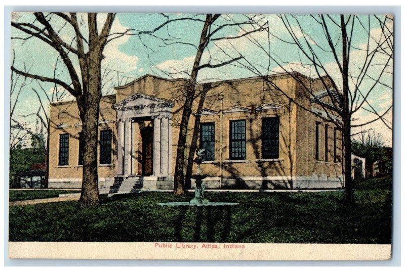 Attica Indiana Postcard Public Library Exterior Building c1911 Vintage Antique