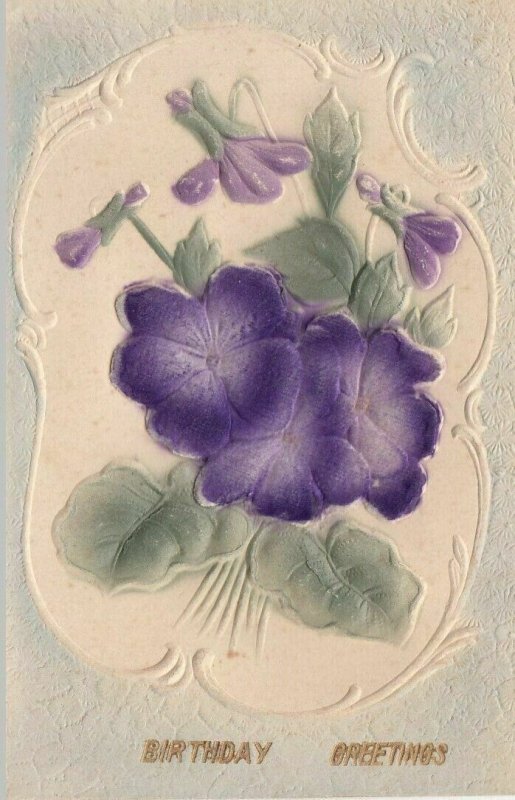 Very embossed purple velvet material flowers fantasy vintage Birthday greetings
