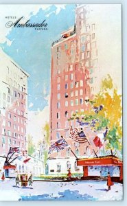 CHICAGO, Illinois IL ~ Artist View HOTELS AMBASSADOR Flags c1960s  Postcard