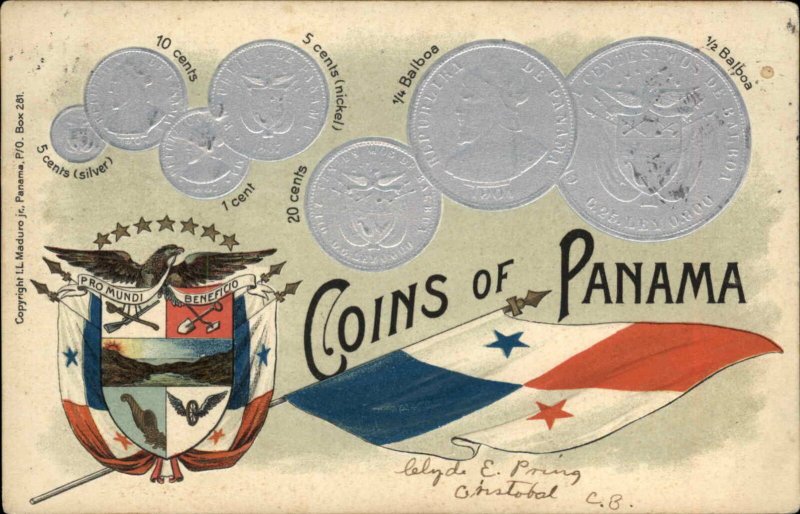 Money Currency Embossed Printed on Postcard COINS OF PANAMA & FLAG Postcard