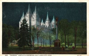 Vintage Postcard 1930's Mormon Temple Illuminated Salt Lake City Utah UT