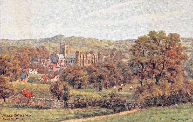 WELLS SOMERSET UK CATHEDRAL FROM MILTON HILL-A R QUINTON ARTIST POSTCARD