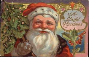 Santa Claus w/ Small Decorated Tree Close-Up c1910 Emboss...