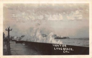 Real Photo Postcard High Tide Over the Seawall in Long Beach, California~118716