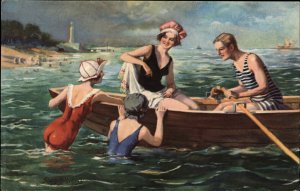 Muhlberg Man with Bathing Beauty Women in Row Boat c1910 Postcard