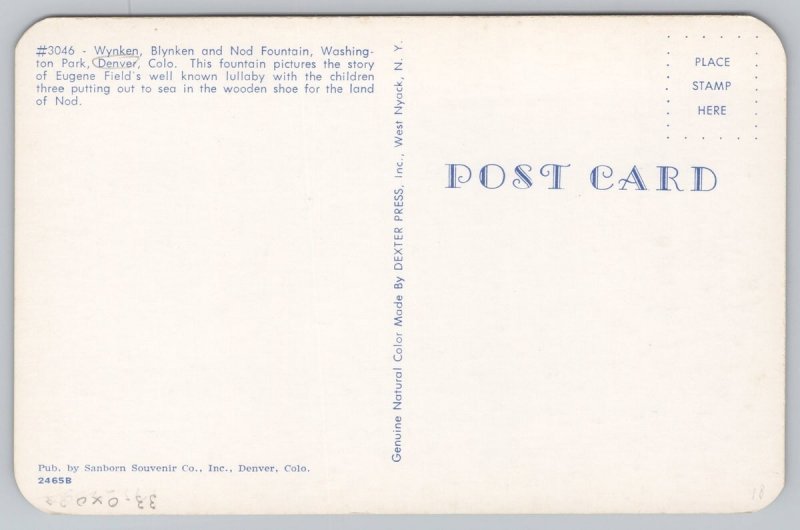Postcard Denver Colorado CO Wynken Blynken Nod Fountain 1950s Chrome View