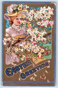 1910 Easter Greeting Pretty Woman With Flowers Embossed Milwaukee WI Postcard