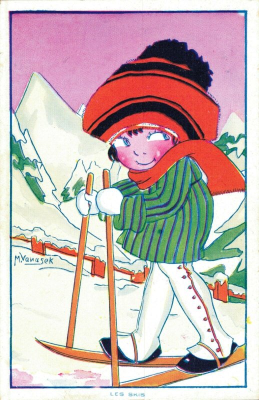 Artist Signed M Vanusek Comic Cute Kid Les Skis 05.91