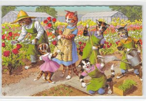 Cats Gardening Flowers Mainzer Belgium #4927 Vintage Fantasy Anthropomorphic