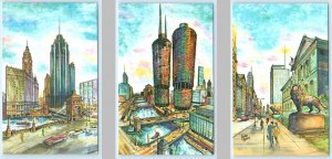 3 Postcards CHICAGO Art Card IL~ Michigan Ave, Marina City JAMES AXELROD Artist