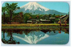 c1950's Farm River Houses, Mount Fiji Japan As Seen From Oshino Village Postcard