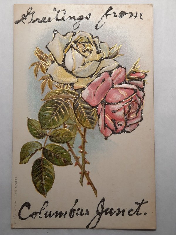 Postcard IA Columbus Junction glitter roses greetings