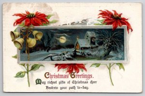 Christmas Greetings Full Moon Cottage Poinsettias Bells Postcard O23