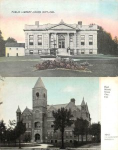 2~Postcards  UNION CITY, Indiana IN     PUBLIC LIBRARY & HIGH SCHOOL   ca1910's