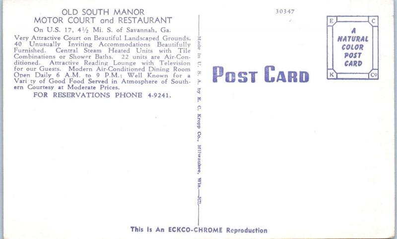 SAVANNAH, GA Georgia   OLD SOUTH MANOR Motor Court   c1940s  Roadside   Postcard