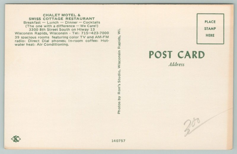 Wisconsin Rapids~Chalet Motel & Swiss Cottages Restaurant~Vintage Postcard