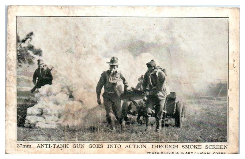 Early 1900s WWI Anti-Tank Gun goes into Action through Smoke Screen Postcard