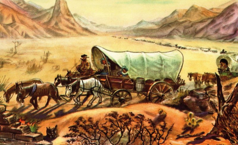 VINTAGE POSTCARD COVERED WAGON DIORAMA GHOST TOWN KNOTT'S BERRY FARM CALIFORNIA