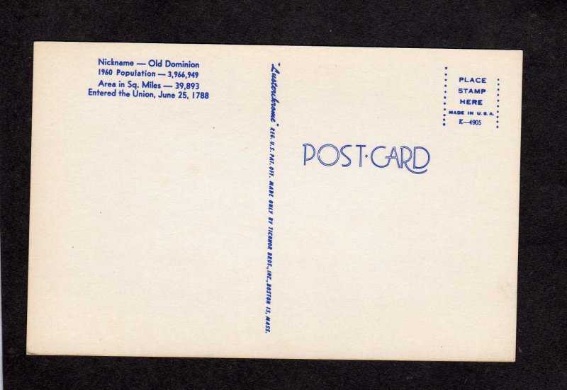 VA Greetings From Virginia Postcard, State Map,Cardinal Flag, Salem, Lexington,