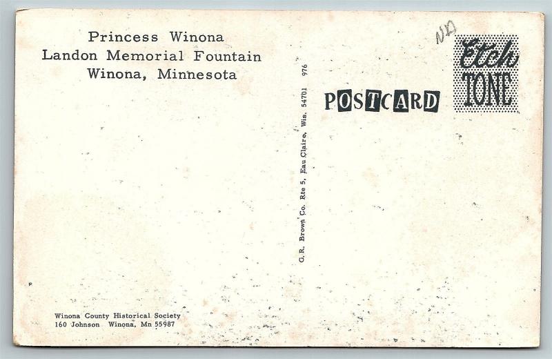 Postcard MN Winona Princess Winona Landon Memorial Fountain E04