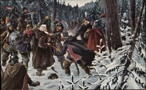 Russian Art Military Battle Winter Woods Snow Artist? c1910 Postcard