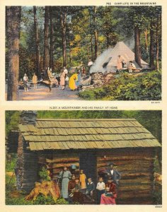 2~Postcards  FAMILY CAMP LIFE & MOUNTAINEER & FAMILY Home~Cabin ca1940's Linens