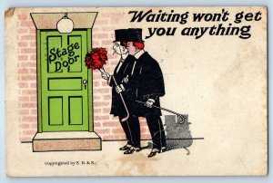 1910 Two Men With Cigar Flowers Bouquet Waiting Won't Get You Anything Postcard