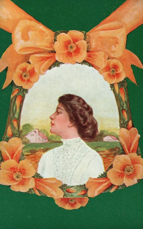 Vintage Postcard 1910's Portrait of a Beautiful Lady Side View Orange Ribbon