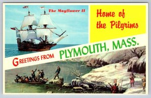 Mayflower II, Landing Of Pilgrims, Plymouth MA, Split View Banner Postcard, NOS