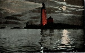 View of the Graves Light at Night, Boston MA Vintage Postcard C78