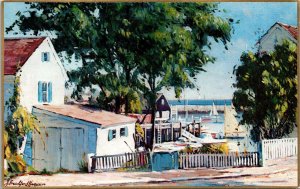 Corner Atlantic Ave Blue Gate Rockport Harbor Sailboat J Bradford Hague Postcard 