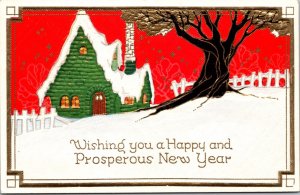 Postcard Happy and Prosperous New Year Green House Gold Tree