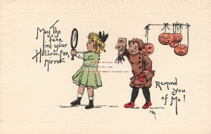 Halloween, Leubrie & Elkus No 7010-3, Girl w/ Mirror Sees Boy's Mask