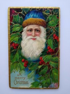 Christmas Postcard Santa Claus Blue Hat & Eyes Embossed Series 1480 Germany 1912 